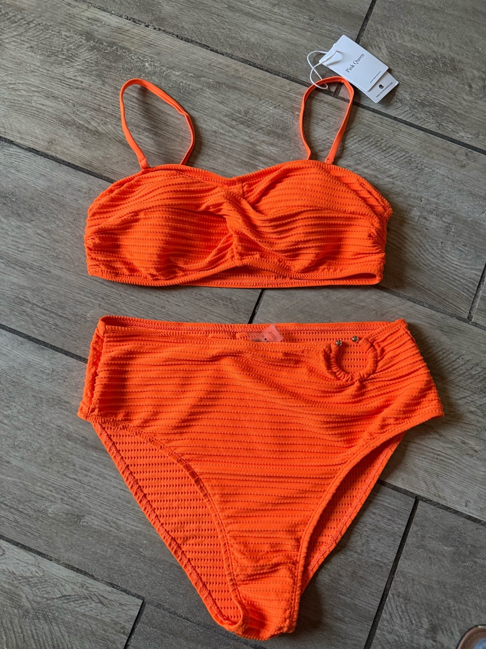 Bright Orange Textured High-Waist Bikini Set